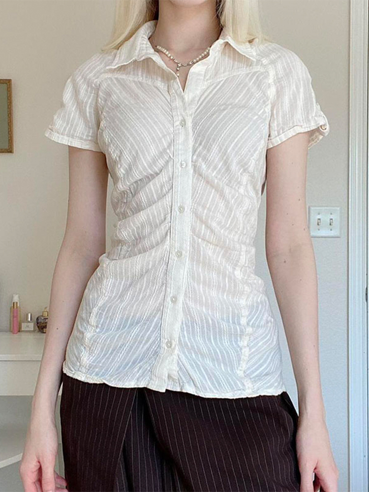 Women's French Minimalist White Collared Button-Up Short Sleeve Shirt with Waist-Cinching Pleated Design for a Slimming Effect