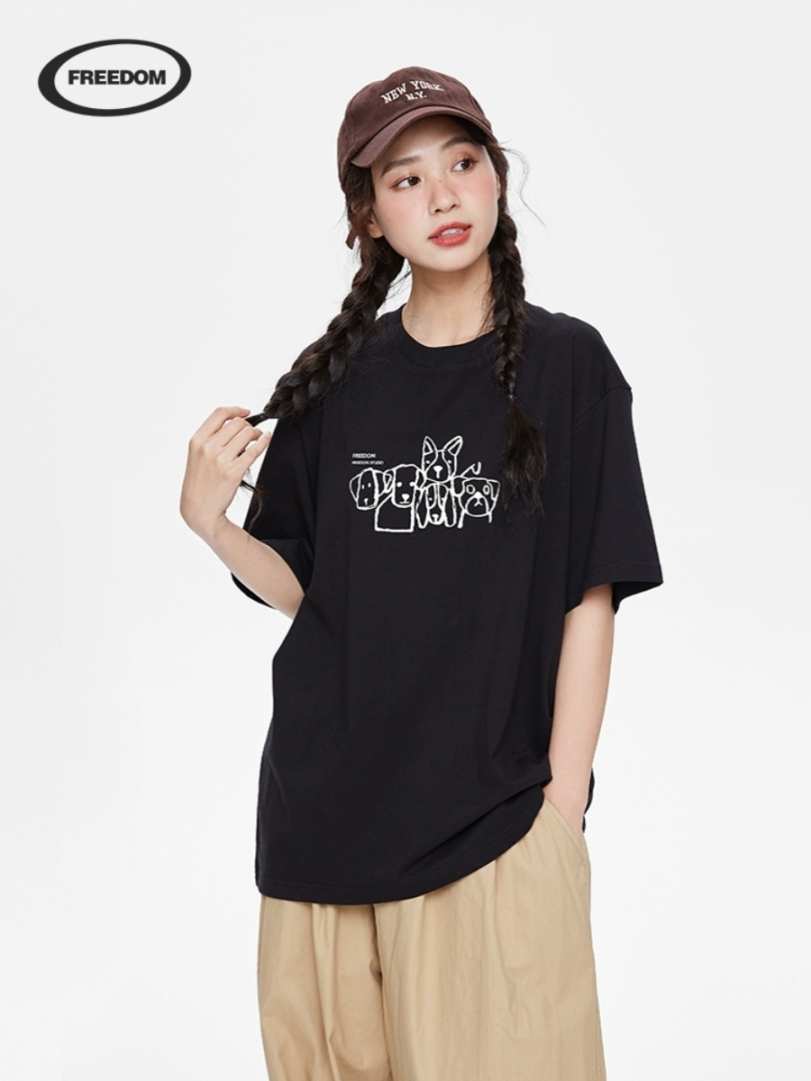 Women's Fun Hand-Drawn Dog Print Short Sleeve T-Shirt - Casual Pure Cotton Summer Tee for Couples - 2025 Fashion