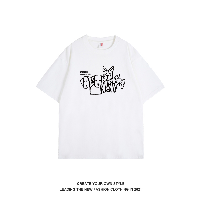 Women's Fun Hand-Drawn Dog Print Short Sleeve T-Shirt - Casual Pure Cotton Summer Tee for Couples - 2025 Fashion