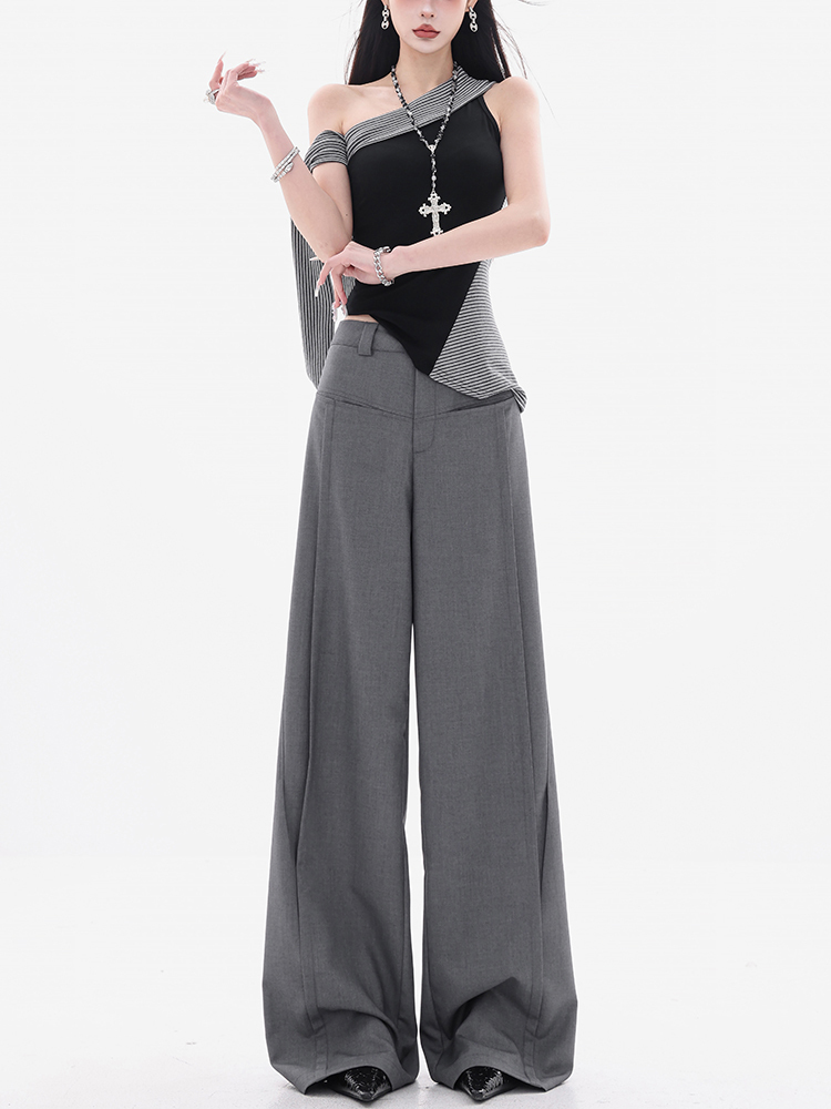 Women's Gray Wide-Leg Suit Pants with Drape Design - Trendy Loose Fit for Summer - Chic and Comfortable Fashion