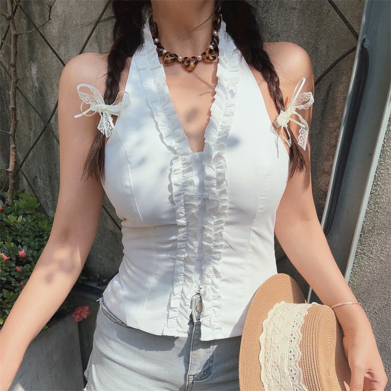 Women's Handmade V-Neck Ruffled Waist-Tie Backless White Tank Top - Perfect for Vacation, Australian Niche Style