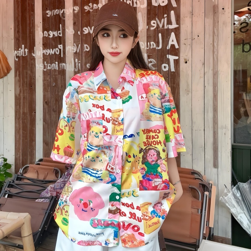 Women's Hawaiian Floral Short Sleeve Shirt - Fun Cartoon Print, Casual Beach Loose Top for Summer Style