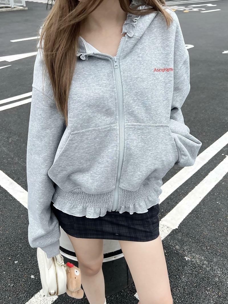 Women's Heartbeat Design Hooded Jacket - Spring Zippered Loose Fit Versatile Short Sweatshirt for Casual Y2K Style