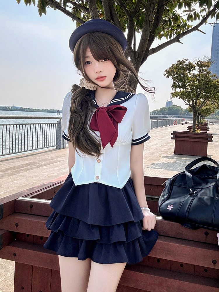 Women's Japanese Style Sailor Suit JK Uniform Shirt Set - Waist-Defined Long & Short Sleeve, Spring Summer 2024, College Style