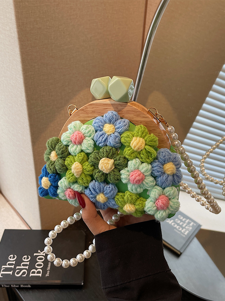 Women's Knitted Flower Pearl Chain Crossbody Shell Bag - Trendy 2025 Fashion Accessory, Perfect for Y2K and Casual Styles
