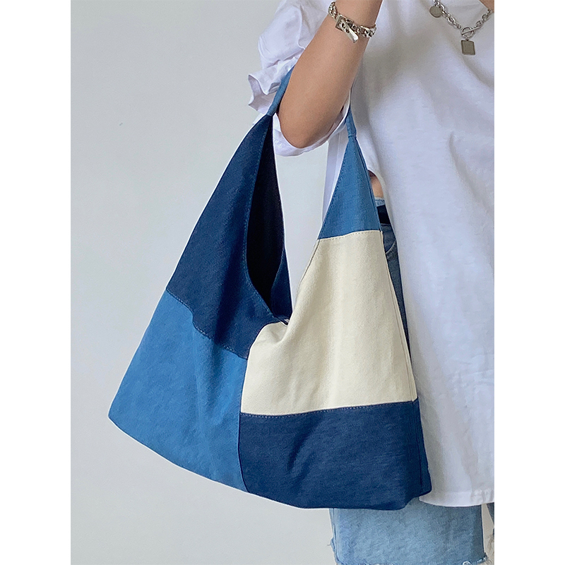 Women's Large Patchwork Color-Blocking Denim Tote Handbag - Spring Summer 2025 Shoulder Bag in Trendy Niche Design