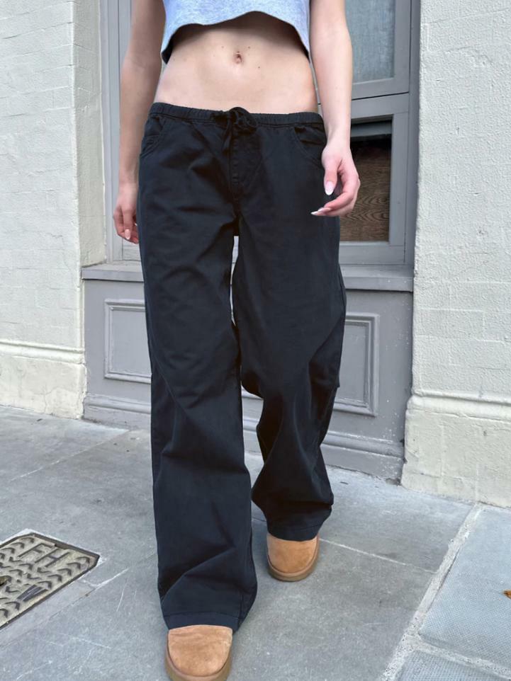 Women's Low Waist Elastic Drawstring Loose Long Pants - Deep Blue Draped Wide Leg Casual Street Style