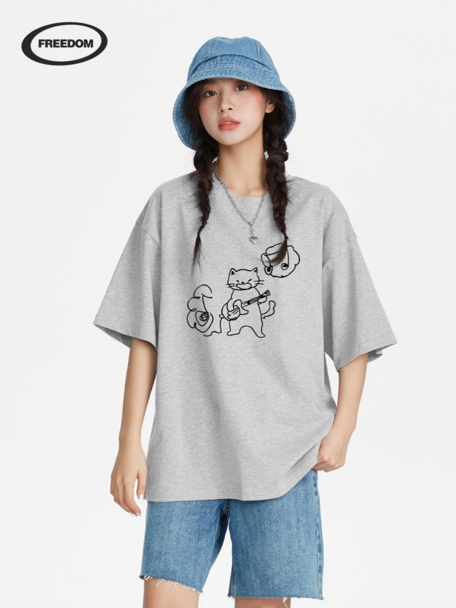 Women's Oversize Short Sleeve T-Shirt with Graffiti Rock Cat Print - Summer Casual Korean Style Top