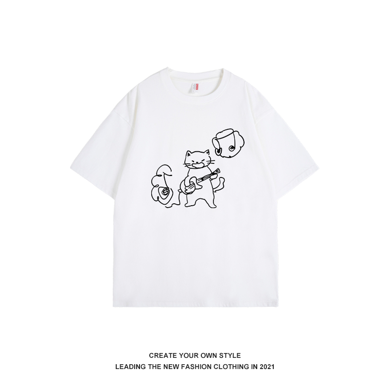 Women's Oversize Short Sleeve T-Shirt with Graffiti Rock Cat Print - Summer Casual Korean Style Top