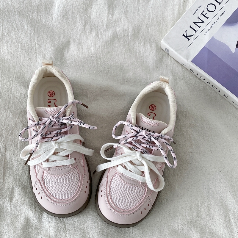 Women's Pink Mesh Panel Thick-Soled Training Shoes - Summer 2025 Breathable White Sneakers for Casual Y2K Style