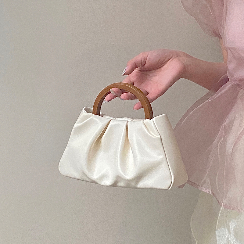 Women's Pleated Cloud Bag with Wooden Handle - Spring Summer Chinese Style Handheld Crossbody Small Bag