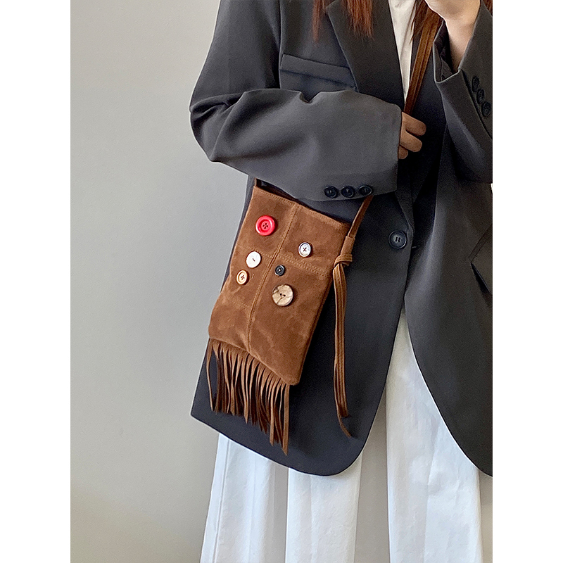 Women's Retro Hippie Button Design Tassel Shoulder Crossbody Bag - Spring Summer 2025 Small Bag for Bohemian Style