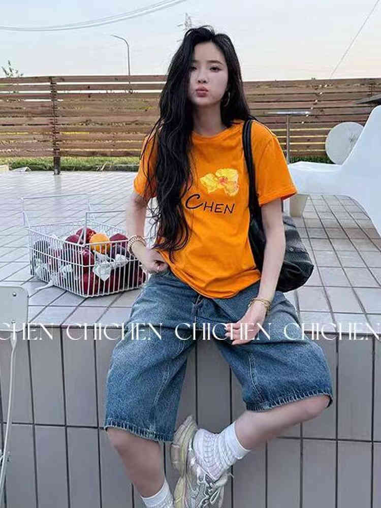 Women's Retro Orange Floral Letter Print Short Sleeve T-Shirt - Summer Slim Fit, Waist-Cinching, Stretchy Y2K Style