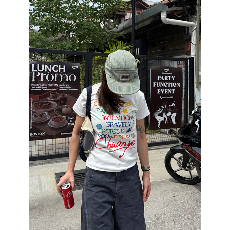 Women's Summer Casual Round Neck Short Sleeve T-Shirt with Letter Print and Shoulder Design - Versatile Y2K Style Top