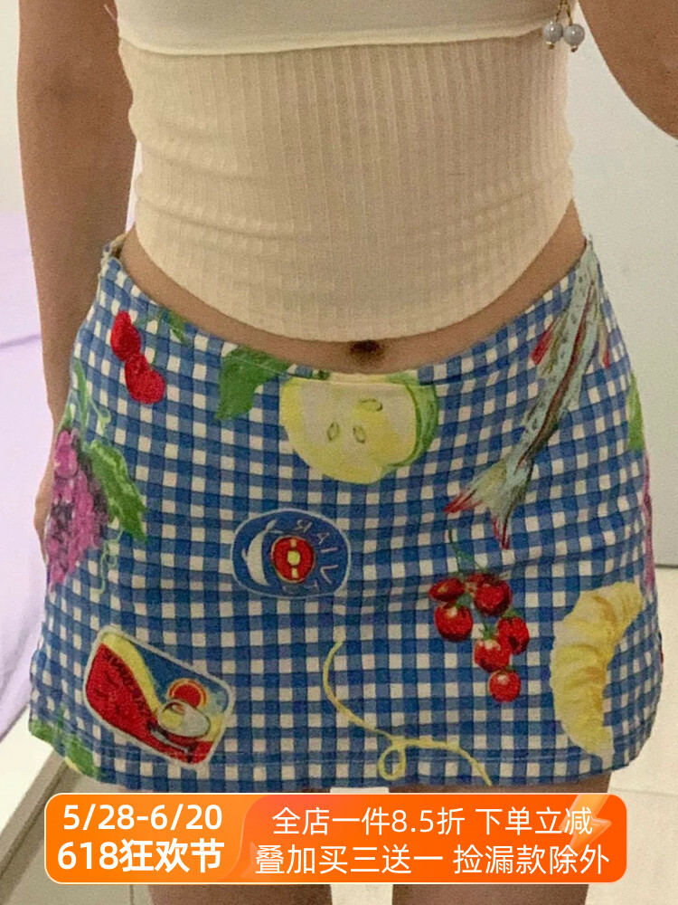 Women's Summer Fun Fruit Picnic Plaid Bodycon Mini Skirt - Low Waist Dopamine Girl Style for Trendy Vibes