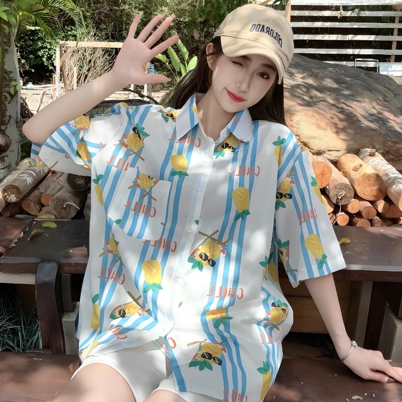 Women's Summer Loose Striped Floral Short Sleeve Shirt - Hawaiian Beach Style, Unique Print Top for Casual Wear