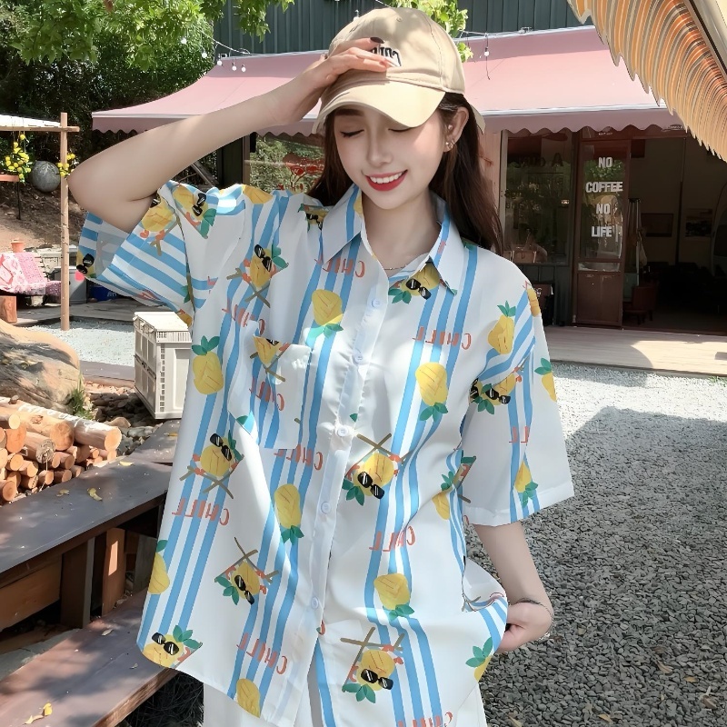 Women's Summer Loose Striped Floral Short Sleeve Shirt - Hawaiian Beach Style, Unique Print Top for Casual Wear