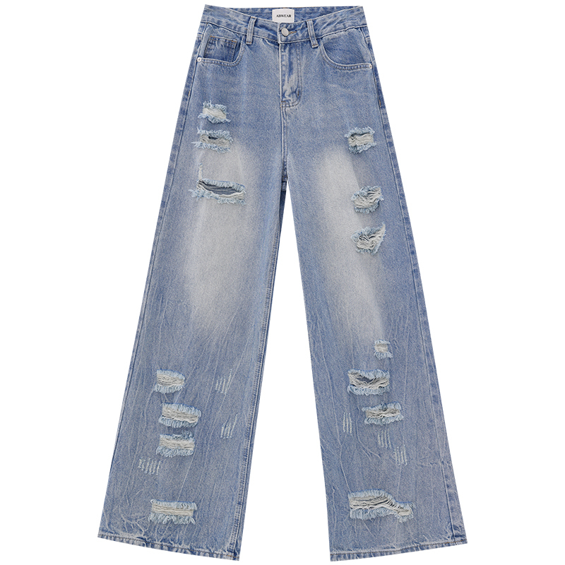 Women's Summer Loose Wide-Leg Jeans - Distressed American Style, Sea Salt Wash, Trendy Casual Fashion