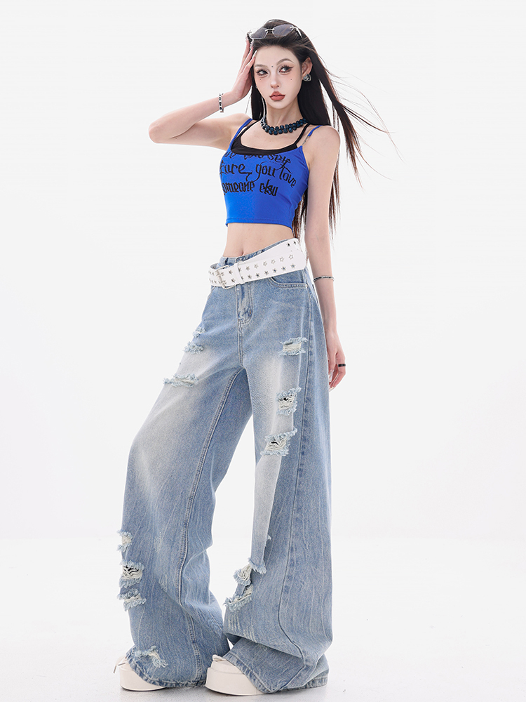 Women's Summer Loose Wide-Leg Jeans - Distressed American Style, Sea Salt Wash, Trendy Casual Fashion