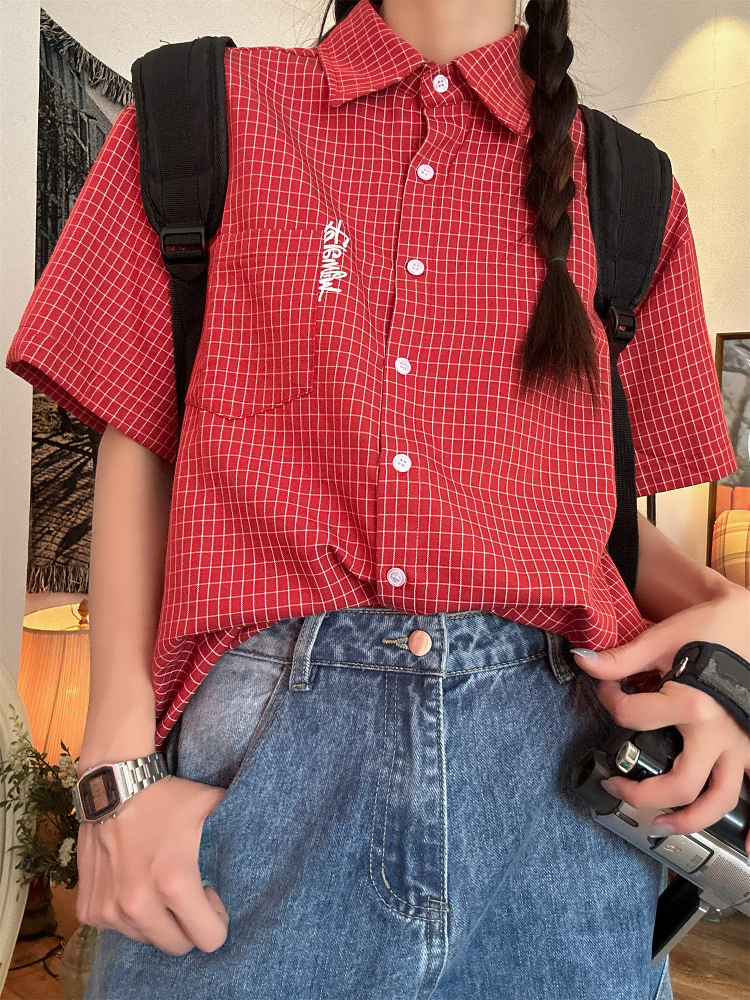 Women's Summer Plaid Short Sleeve Shirt - Loose Versatile Top Jacket, Vintage Style, Trendy Casual Wear