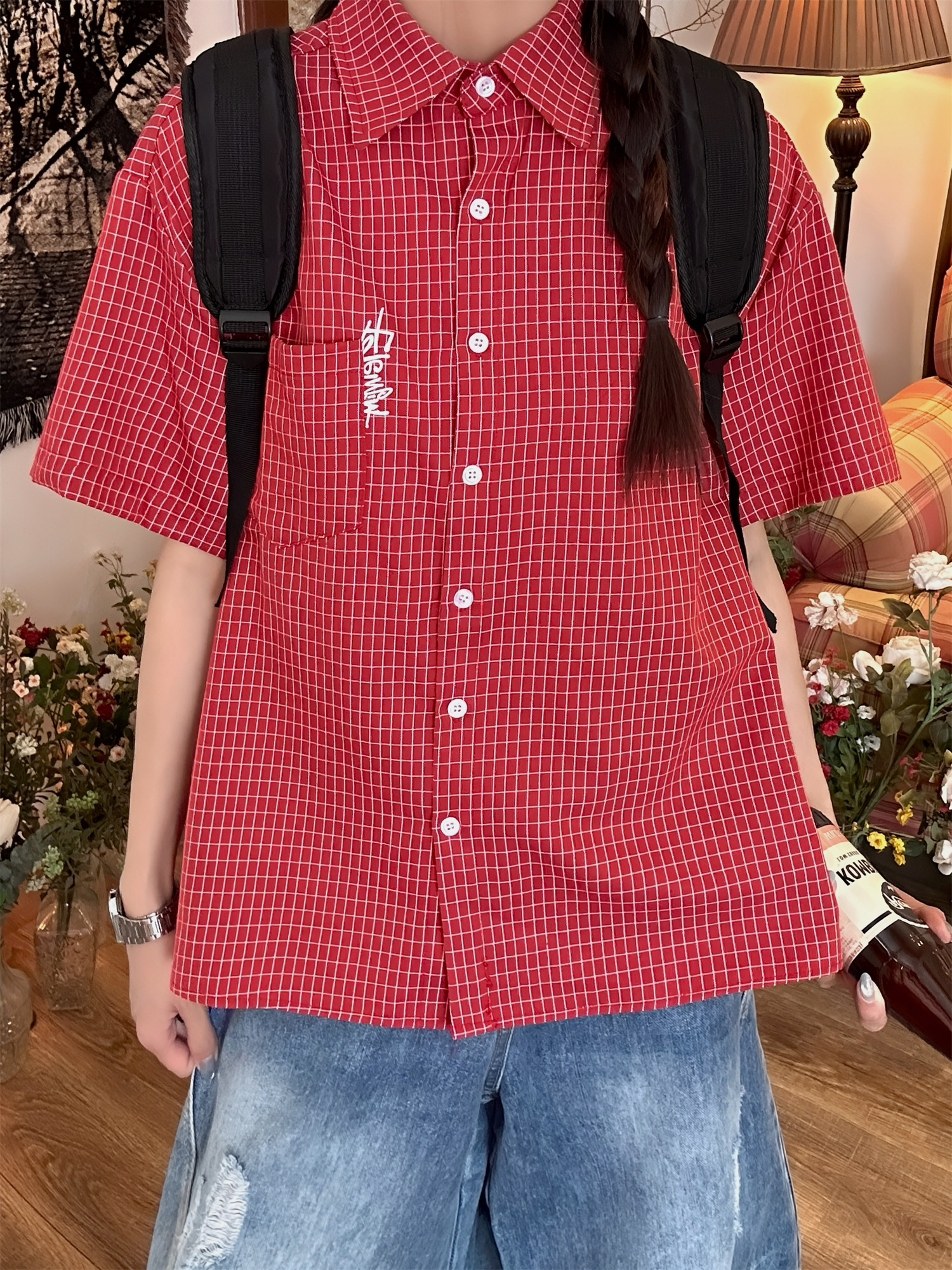 Women's Summer Plaid Short Sleeve Shirt - Loose Versatile Top Jacket, Vintage Style, Trendy Casual Wear