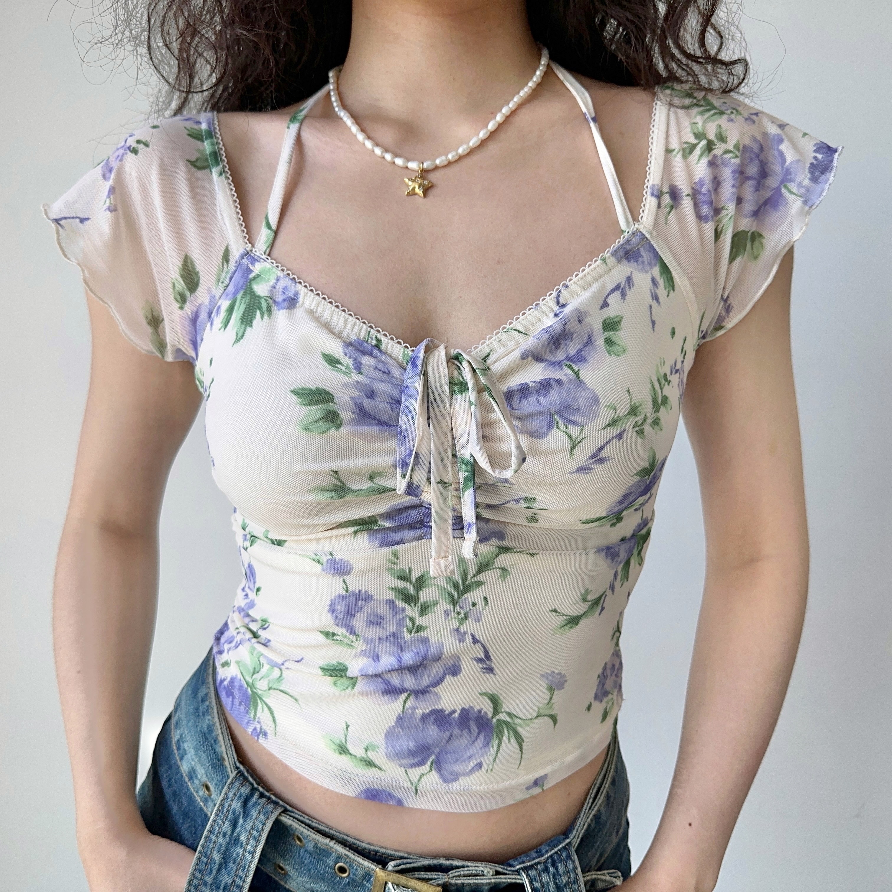 Women’s Summer Slim Fit Printed Mesh V-neck Short Sleeve T-shirt - European American Style, Casual Waist-Hanging Top