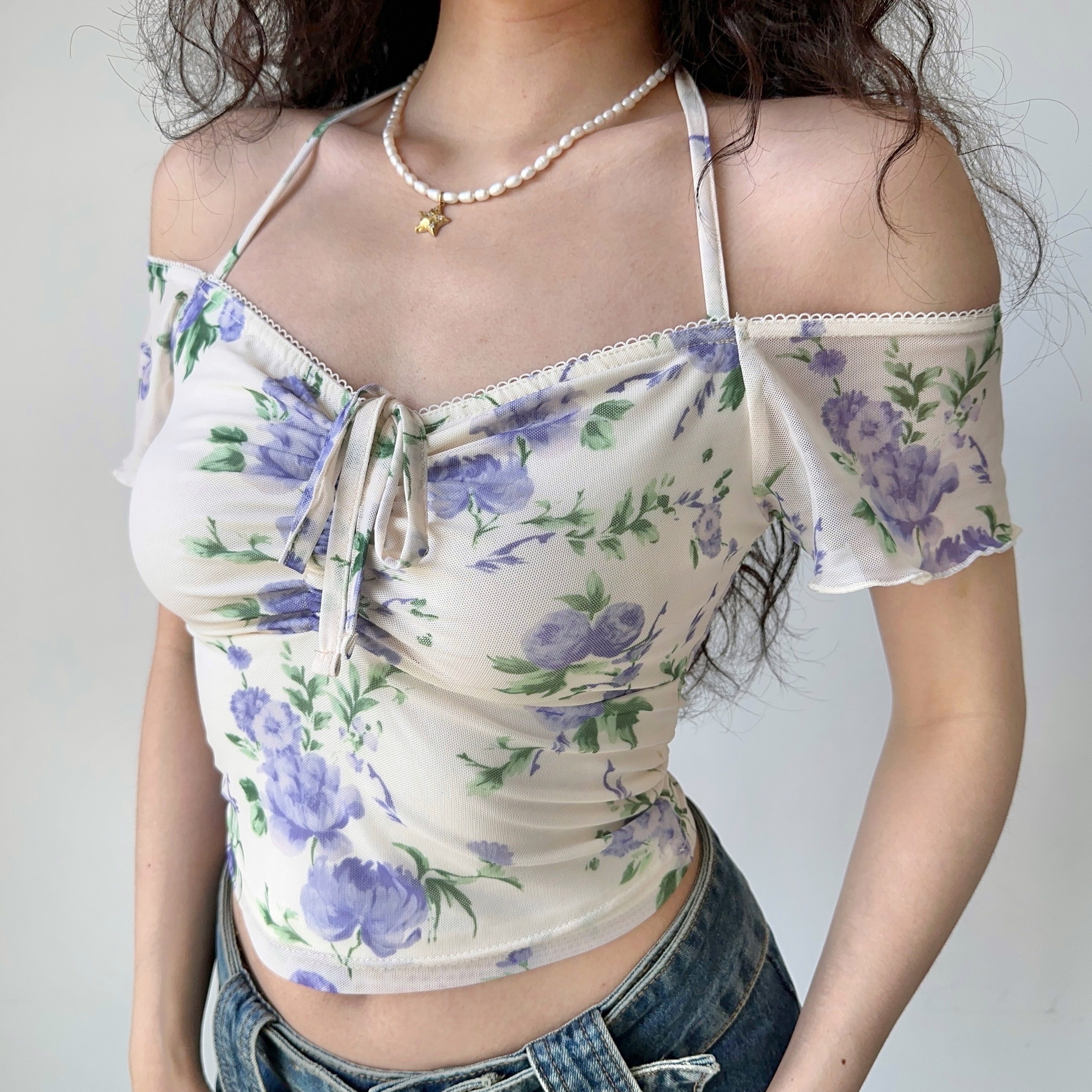 Women’s Summer Slim Fit Printed Mesh V-neck Short Sleeve T-shirt - European American Style, Casual Waist-Hanging Top