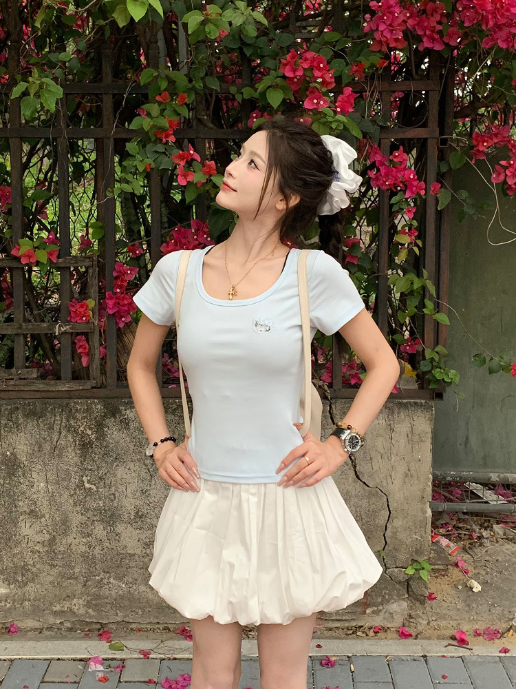 Women's Summer U-neck Kitty Cat Embroidered Short Sleeve T-shirt - Slimming Sweet Style for 2025, Cute 90s Vibe