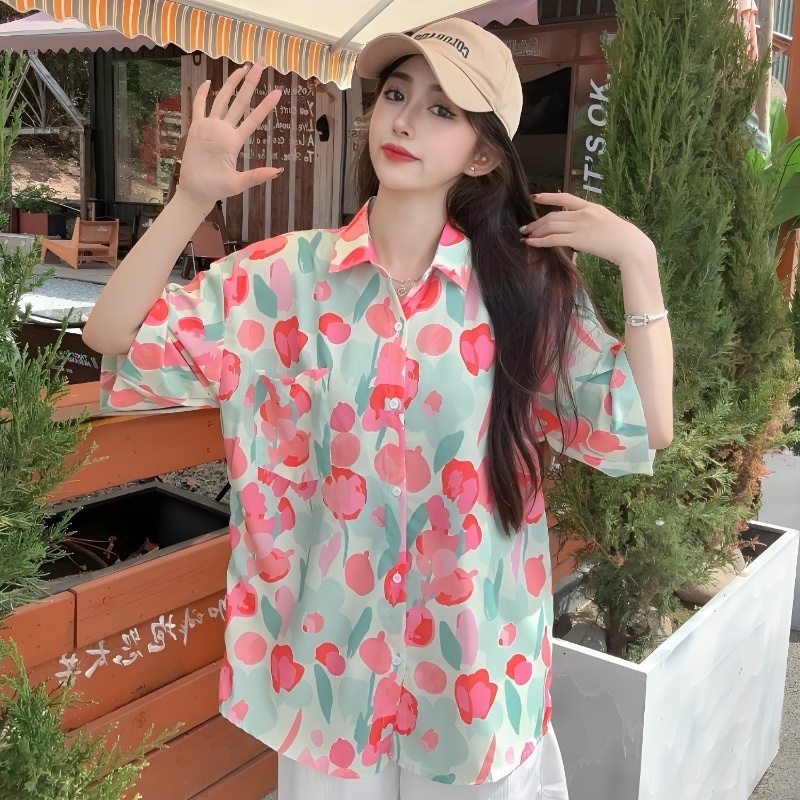 Women's Tie-Dye Short Sleeve Shirt - Loose Fit Trendy Summer Beach Blouse with Fresh Print