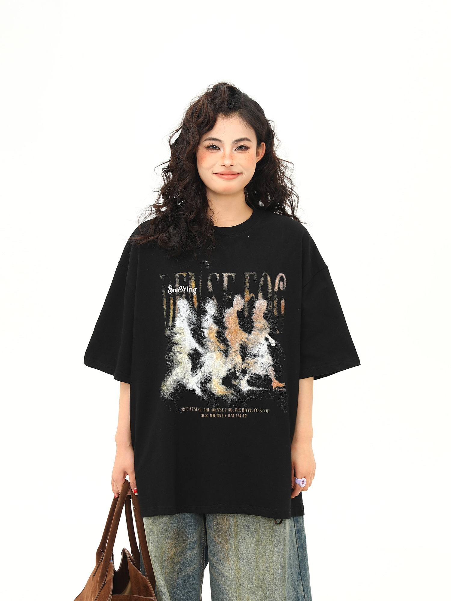 Women’s Vintage Blurry Portrait Print Short Sleeve T-Shirt - Summer Round Neck Loose Fit Couples Tee - 90s Inspired Fashion