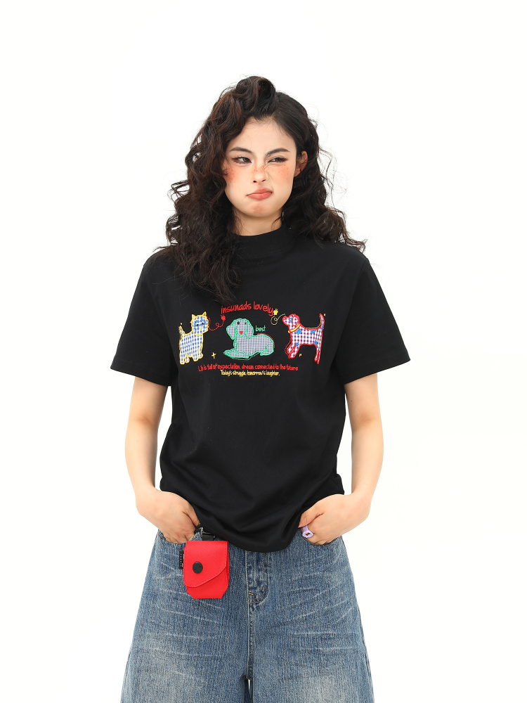 Women's Vintage Cartoon Dog Embroidery Shoulder T-Shirt, Slightly Loose Fit, Slimming Short Sleeve, Versatile Y2K Style