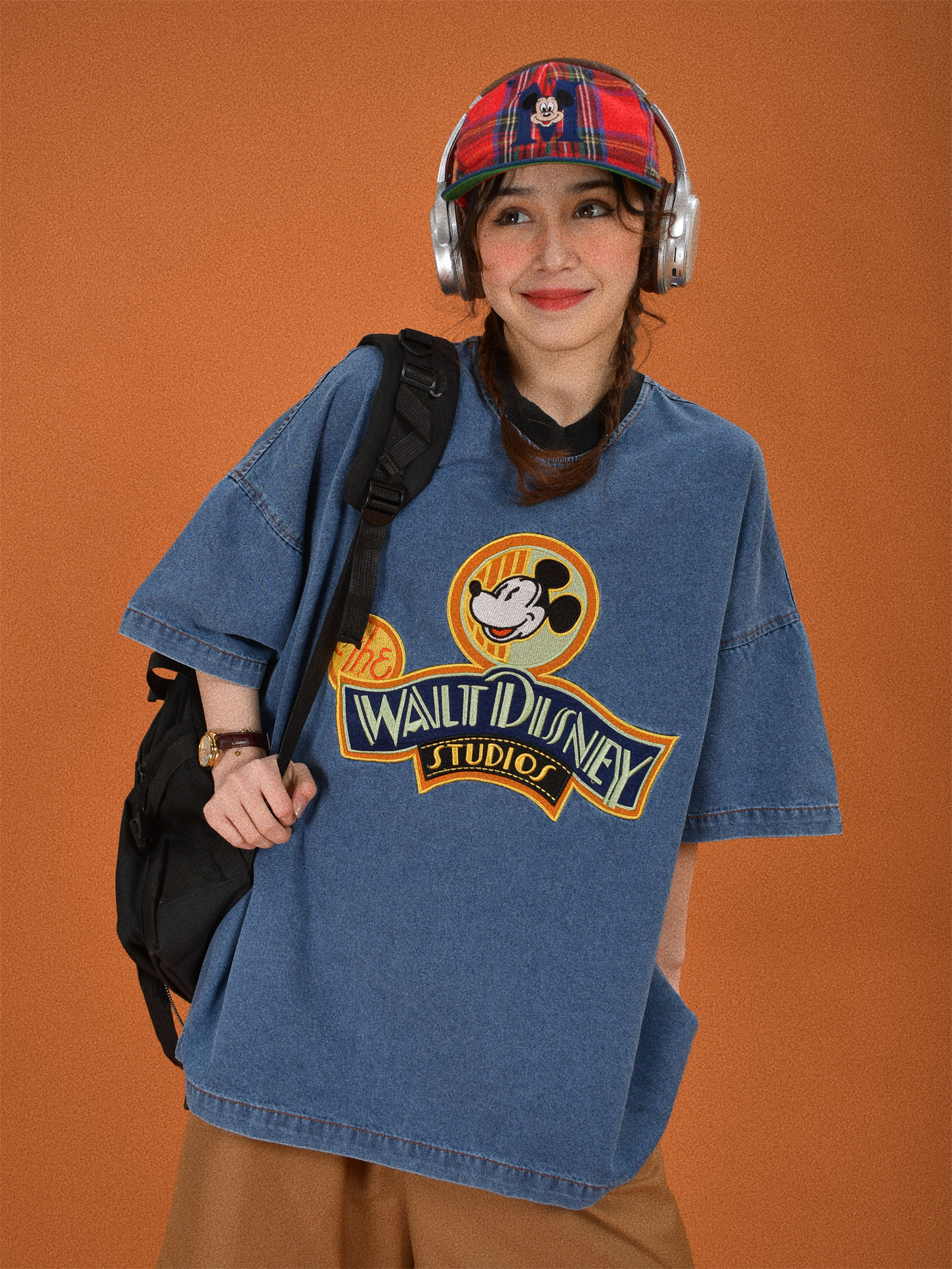 Women's Vintage Cartoon Embroidery Short Sleeve Denim T-Shirt - Loose Fit Round Neck Summer Top, Y2K Style