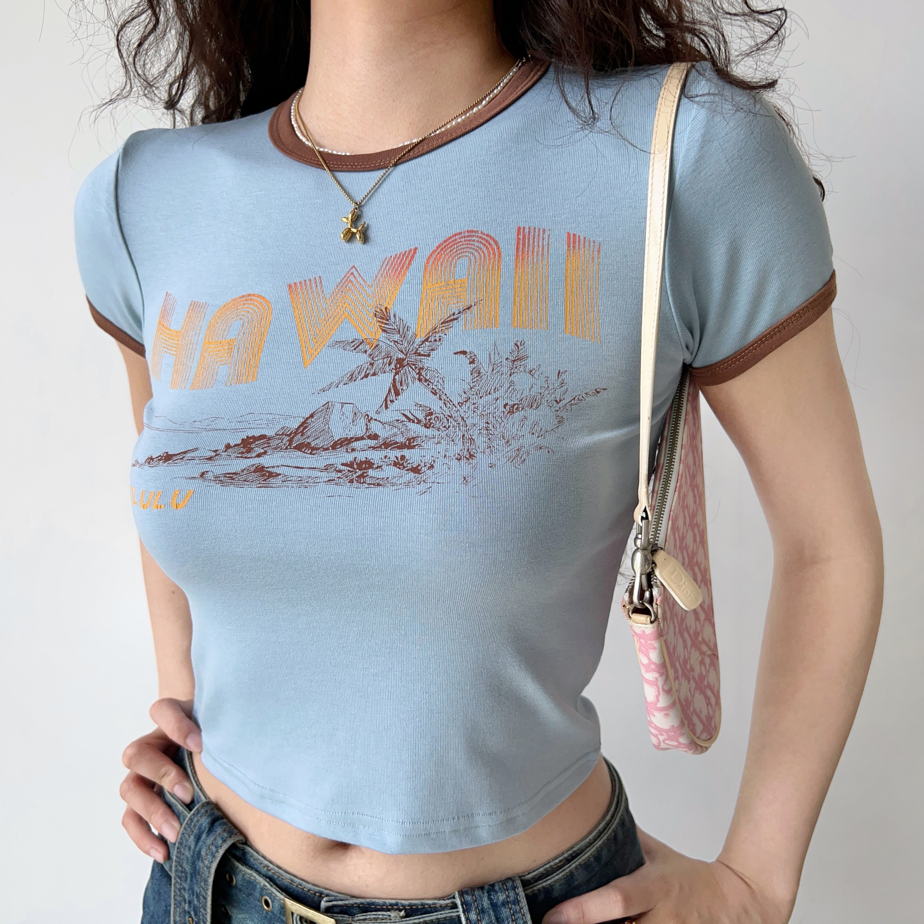 Women's Vintage Color Block Printed Slim Fit Round Neck Short Sleeve Crop Top - Trendy 90s Inspired T-Shirt
