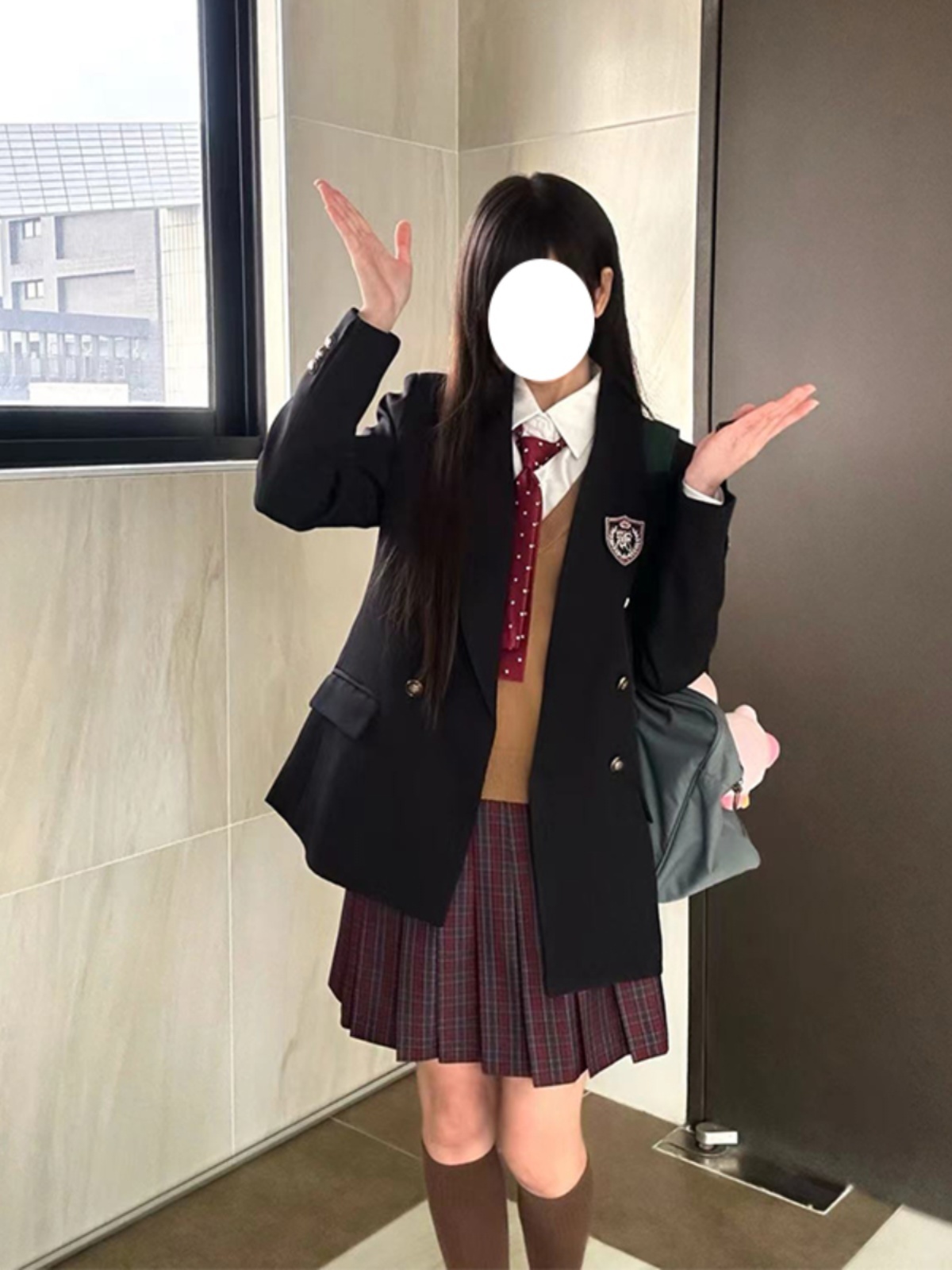 Women's Waist-Defined Pudding Bear JK Uniform Set Jacket - Small Size, Trendy 2025 Style, Perfect for Y2K and Korean Fashion