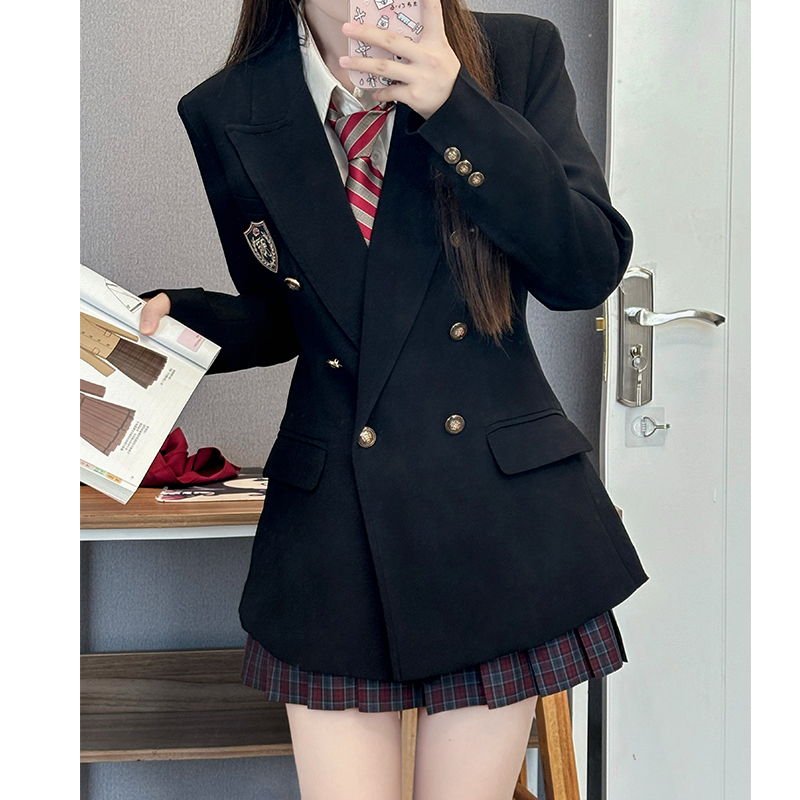 Women's Waist-Defined Pudding Bear JK Uniform Set Jacket - Small Size, Trendy 2025 Style, Perfect for Y2K and Korean Fashion