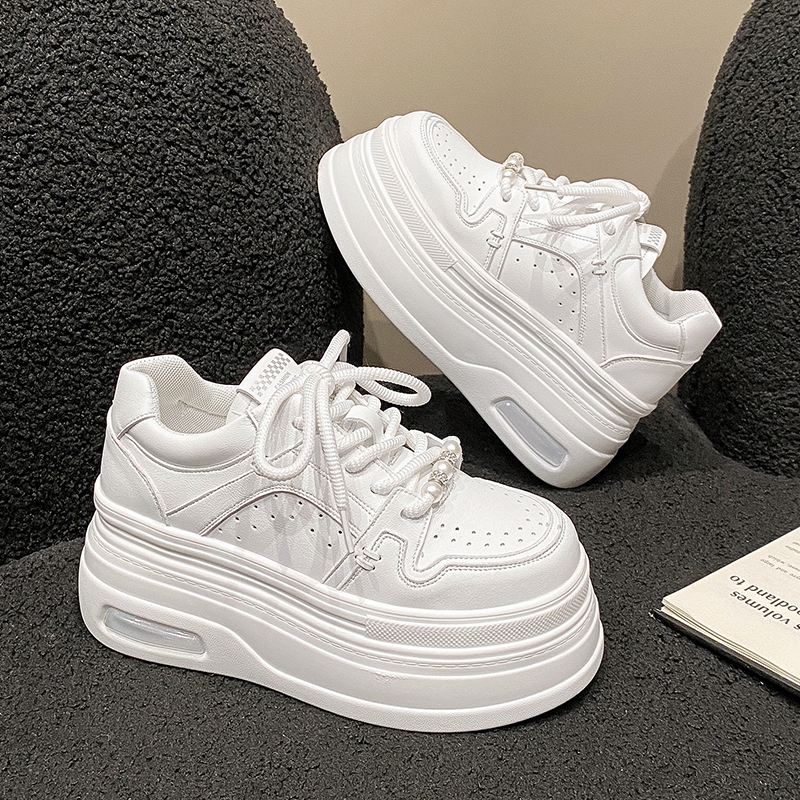 Women's White Thick-Soled Sneakers - Casual Platform Sport Shoes for Petite Height Increase - 2024 Spring/Summer Collection