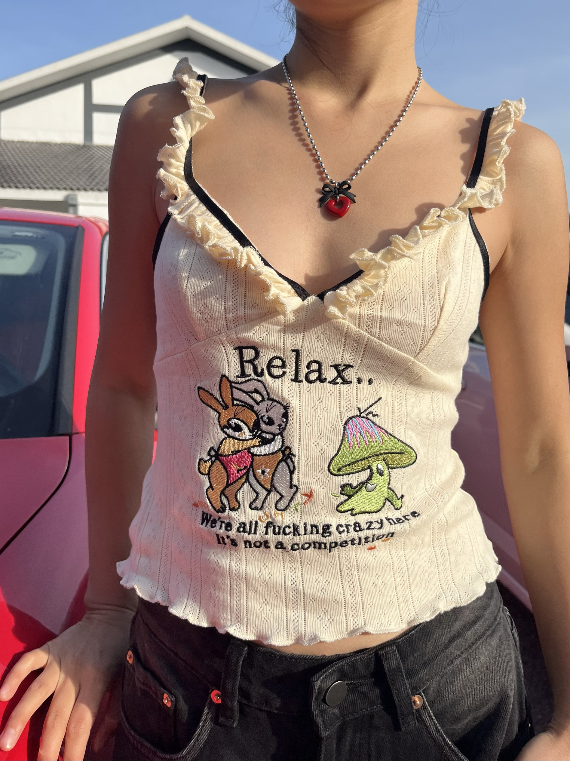 Wood Ear Edge Cartoon Embroidery Hot Girl Sling Top - Women's Summer Sexy Low-Cut Slim Crop Top for Y2K Fashion