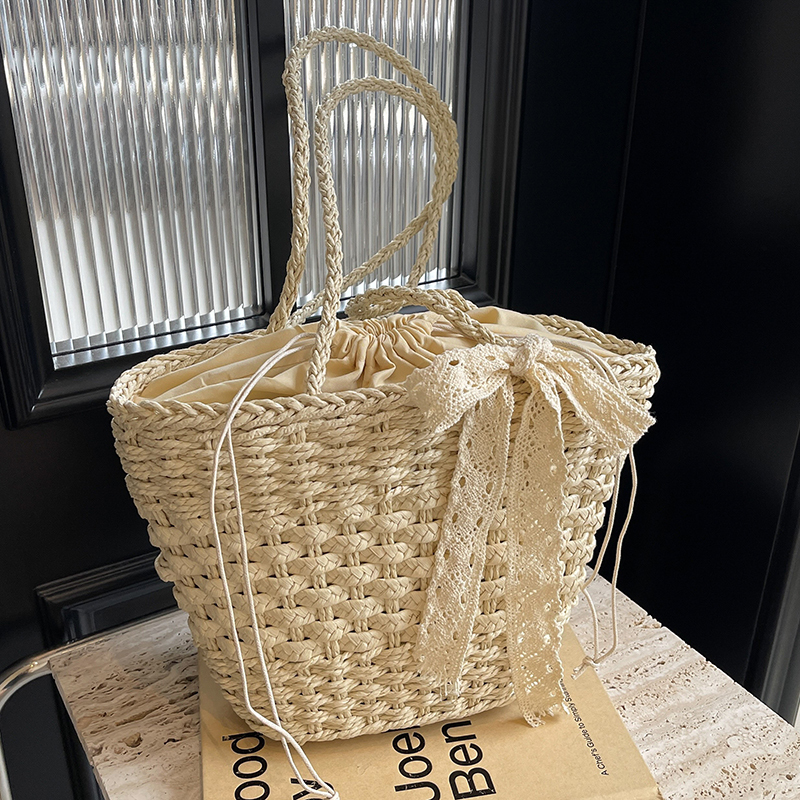 Woven Country-Style Beach Bag for Women, Autumn 2025 Drawstring Bucket Tote, Boho Chic Vegetable Basket Bag