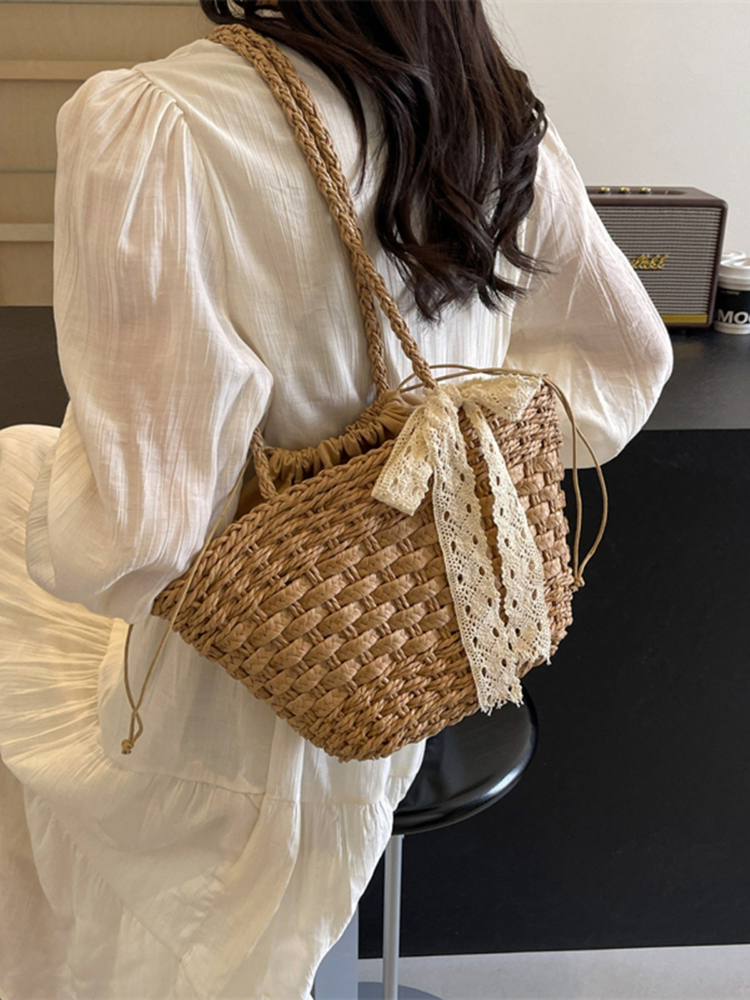Woven Country-Style Beach Bag for Women, Autumn 2025 Drawstring Bucket Tote, Boho Chic Vegetable Basket Bag