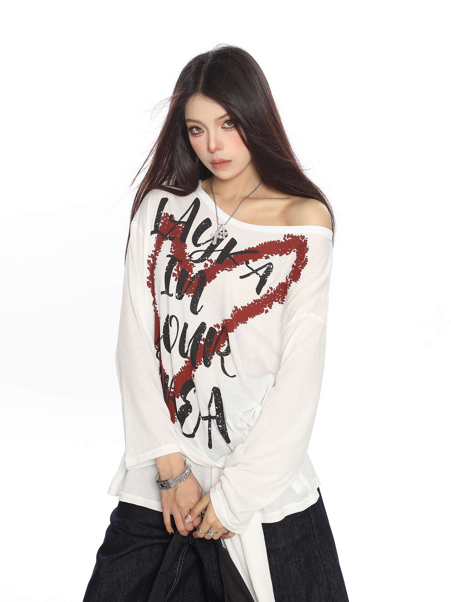 Y2K Heart Graffiti Tie-Shoulder Long Sleeve T-Shirt for Women, Summer Thin Cover-Up, Casual Trendy Style