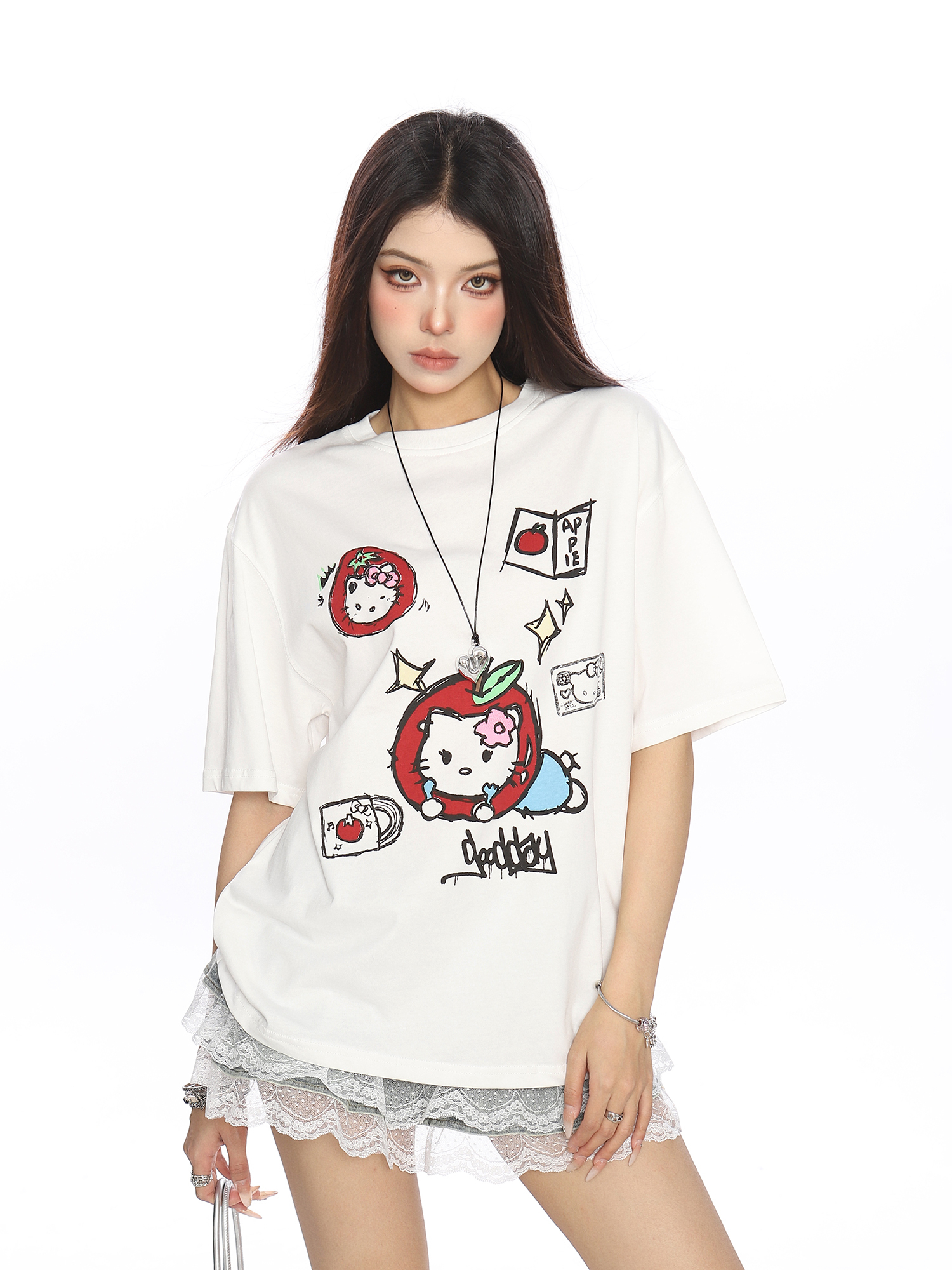 Y2K Hello Kitty Graffiti Print Short Sleeve T-Shirt for Women - Sweet Cool Casual Slim Fit Summer Top