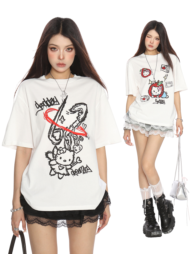 Y2K Hello Kitty Graffiti Print Short Sleeve T-Shirt for Women - Sweet Cool Casual Slim Fit Summer Top
