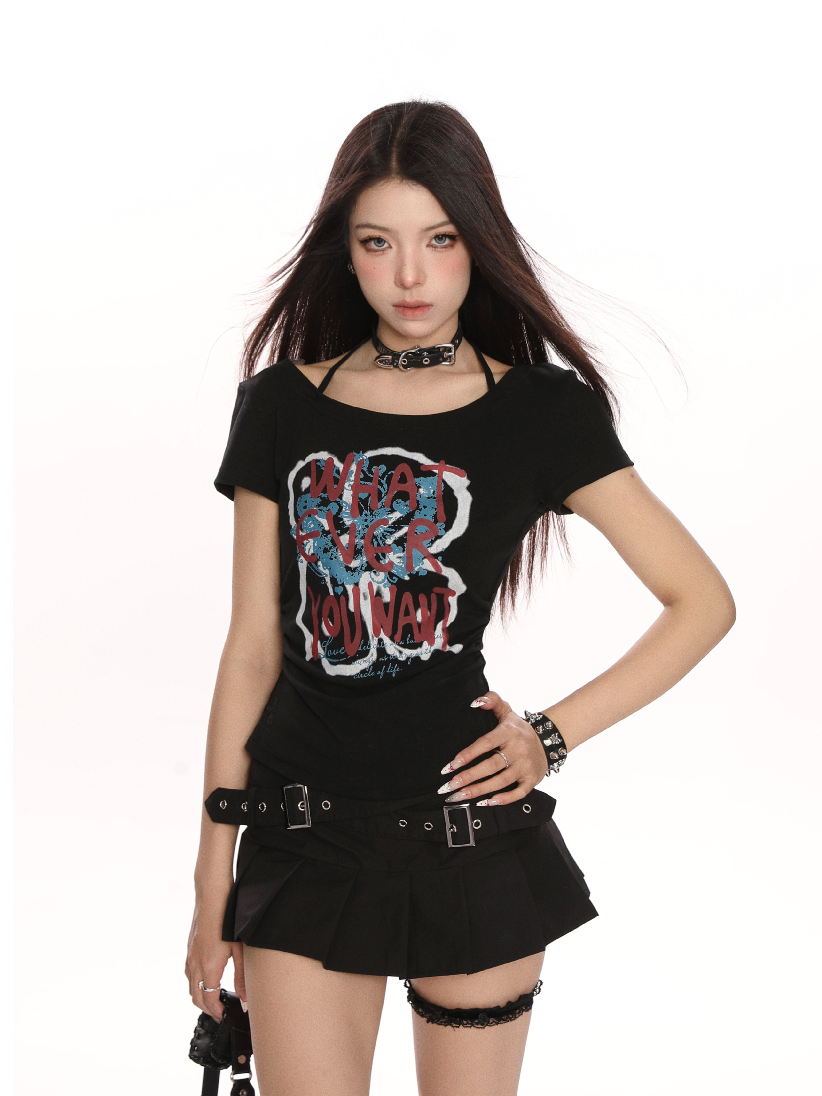 Y2K Hot Girl Graffiti One-Shoulder Short Sleeve T-Shirt for Women - Trendy Slim Fit Summer Top