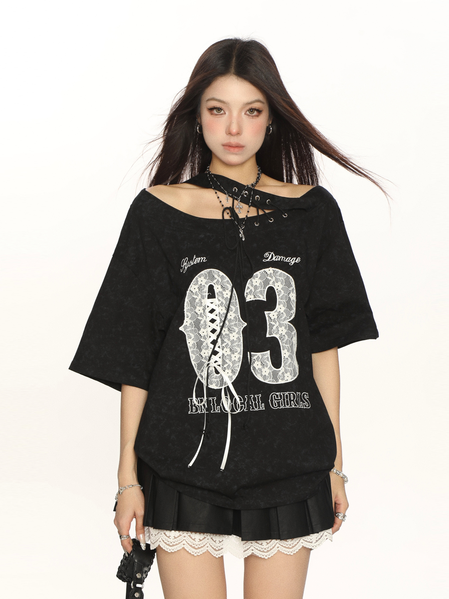 Y2K Lace Tie Asymmetrical Shoulder Short Sleeve T-Shirt for Women - Slimming Off-Shoulder Summer Top - Trendy Fashion Style
