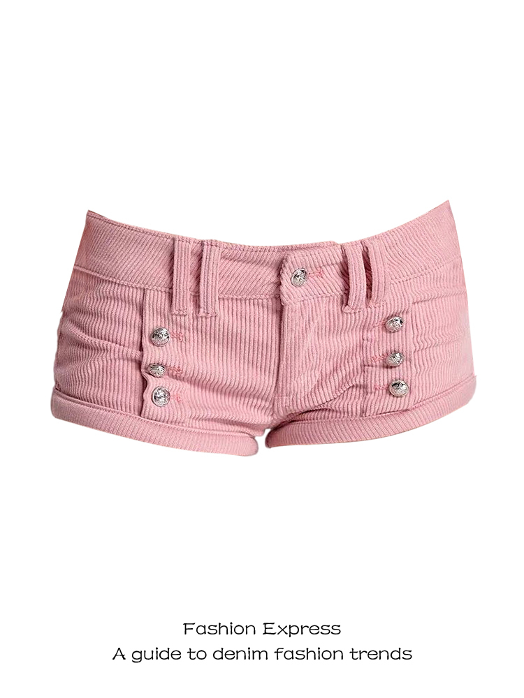 Y2K Pink Ribbed Low-Waist Ultra-Short Shorts for Women - Slim Fit Body-Hugging Hot Pants for Autumn and Winter Fashion