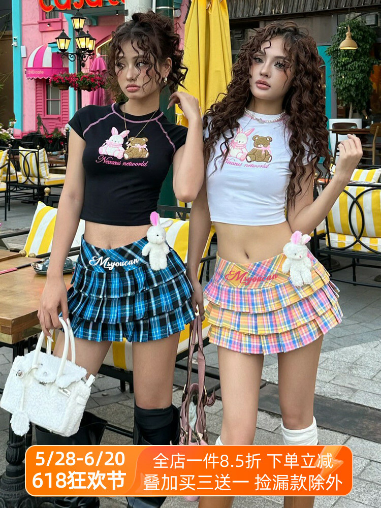 Y2K Sisters Colorful Pleated Skirt - Women's High-Waisted Mini Skirt in Millennial Style, Trendy JK Design