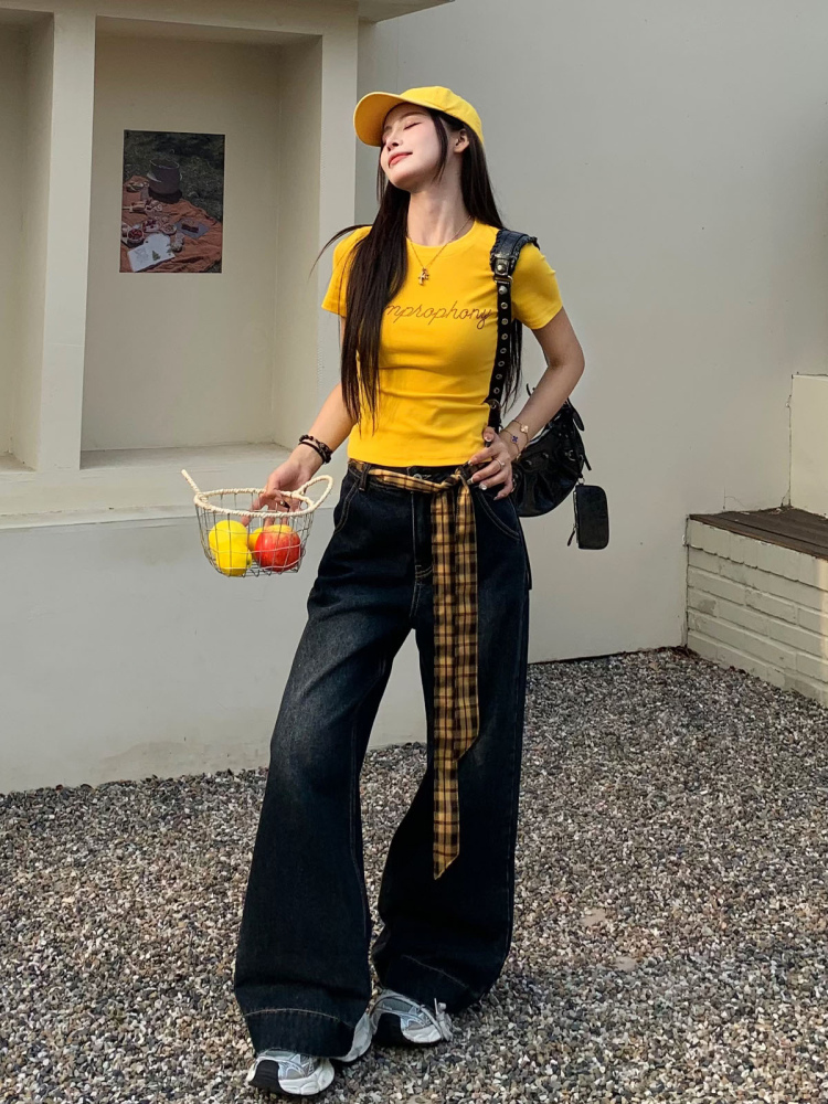 Yellow Letter Rhinestone Short Sleeve Off-Shoulder Crop Top for Women - Summer Slim Fit Hot Girl Style, 90s Inspired Fashion