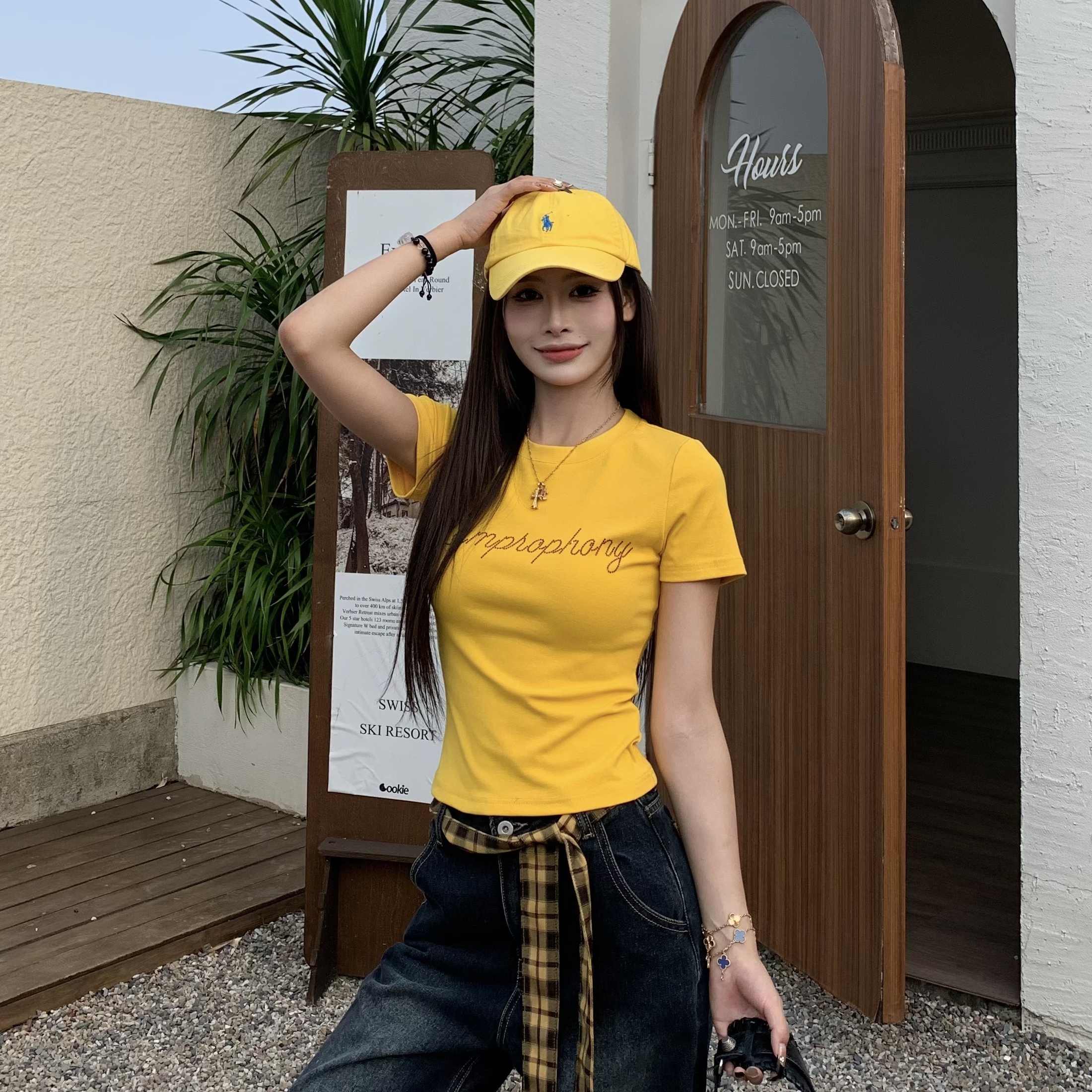 Yellow Letter Rhinestone Short Sleeve Off-Shoulder Crop Top for Women - Summer Slim Fit Hot Girl Style, 90s Inspired Fashion