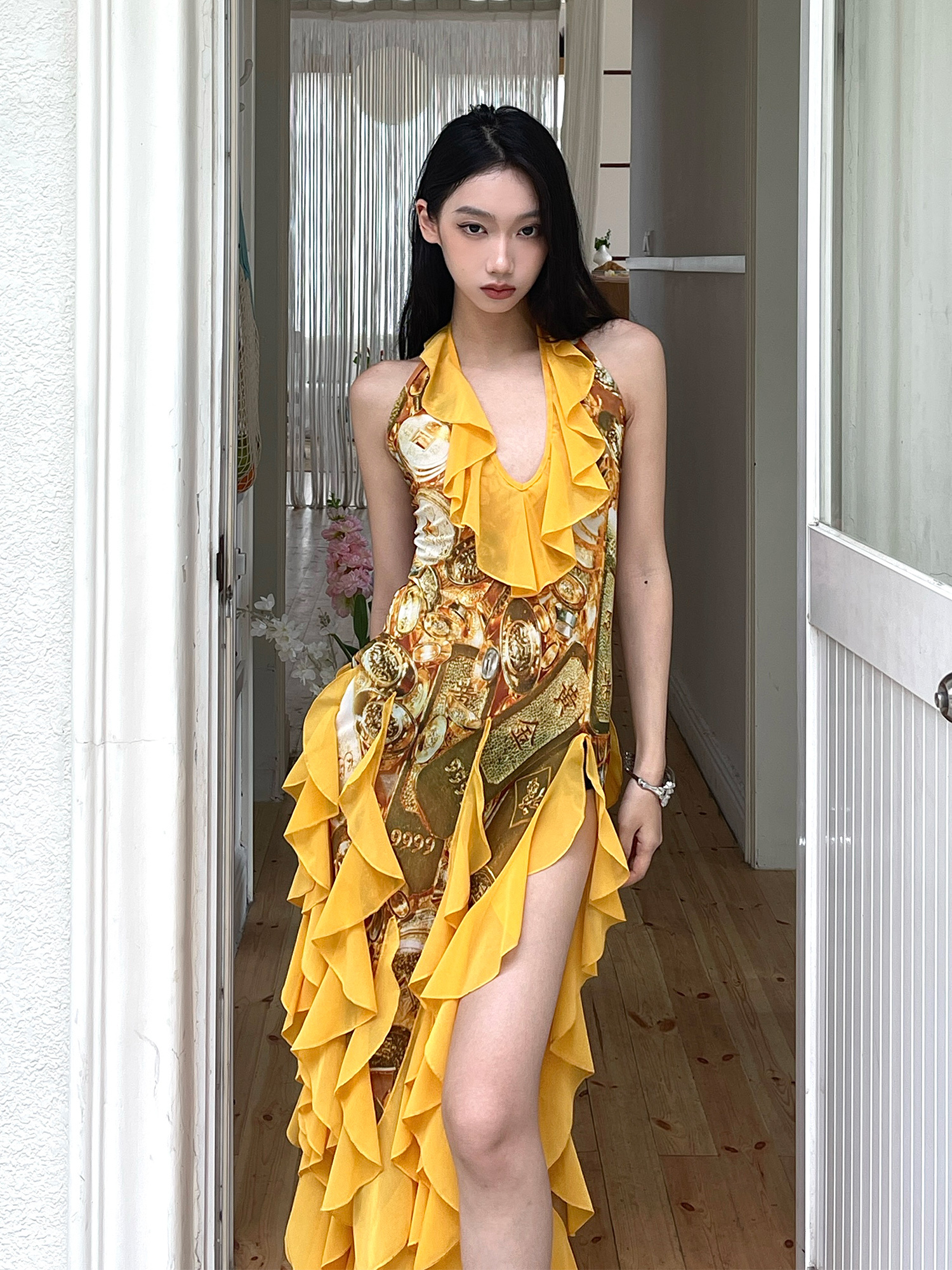 Yellow Ruffled Slim Fit Dress for Women - Summer V-Neck Irregular Skirt, Waist-Defined Hot Girl Style, Perfect for Y2K and 90s Fashion