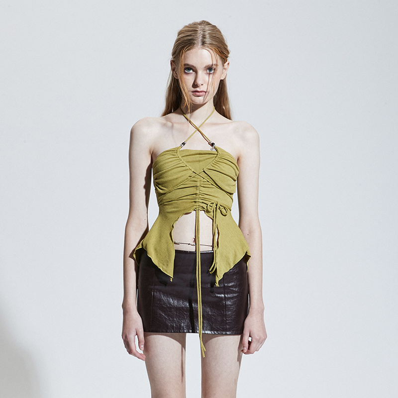 2025 Autumn/Winter Women's Shoulder-Exposing Halter Crop Top - Slim Fit, Unique Design, Trendy Fashion for Y2K and 90s Styles